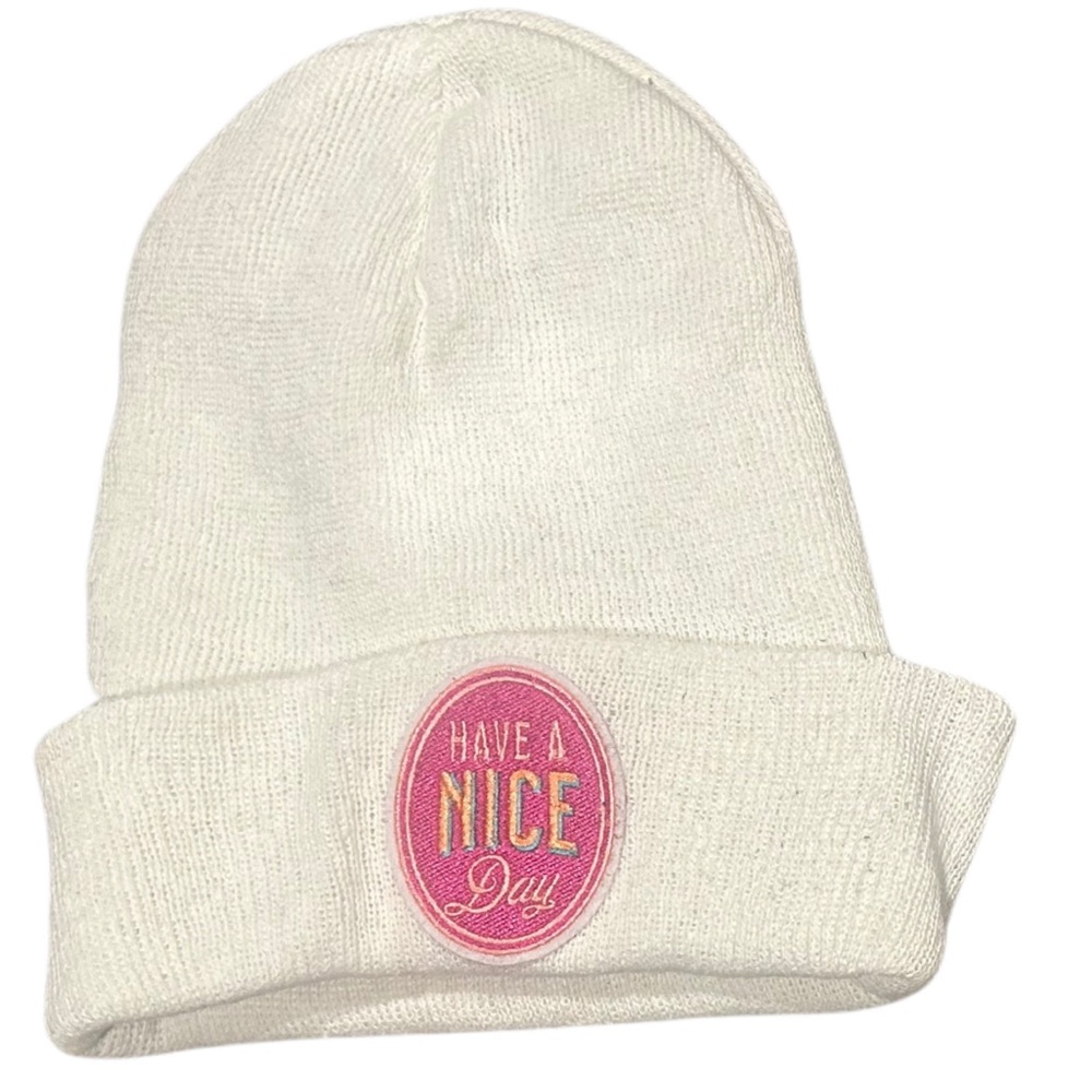 Have A Nice Day Fleece Lined Beanie | Cream/Pink | Unisex Adult